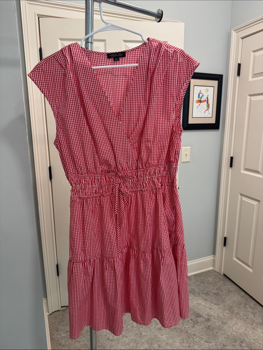 Rachel Zoe Red Gingham V-Neck Tiered Mini Dress